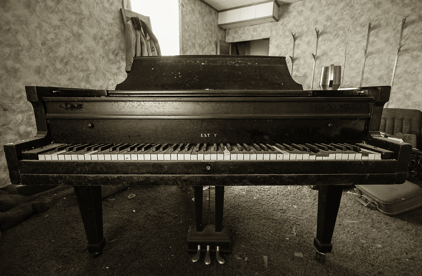 A grand piano left behind in an abandoned house.  Given the advanced state of decay in this home, I was surprised at the condision of this piano.