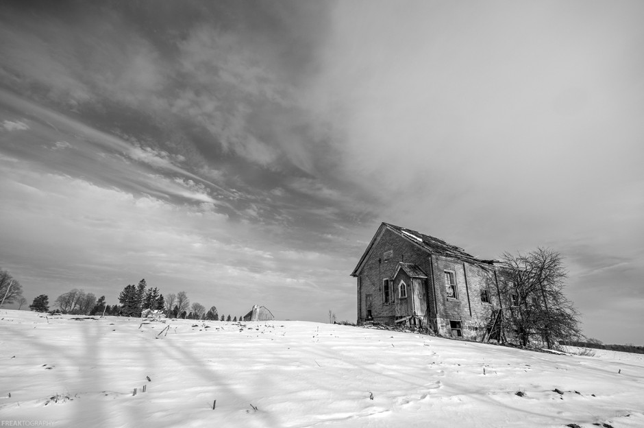 Abandoned Ontario schoolhouse black and white photography