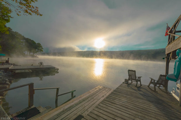 Cottage, Freaktography, Rushford Lake, chairs, dock, fog, mist, morning, new york, new york state, photography, sky, sun clouds, sunrise