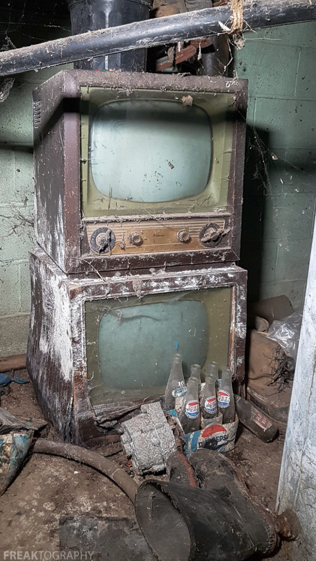 Freaktography, Pepsi, abandoned, abandoned house basement, abandoned photography, abandoned places, creepy, decay, derelict, haunted, haunted places, old pepsi bottles, photography, televisions, tv, urban exploration, urban exploration photography, urban explorer, urban exploring