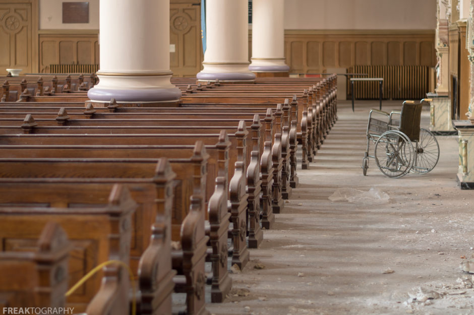 Abandoned Church, Freaktography, PEWS, abandoned, abandoned cathedral, abandoned photography, abandoned places, cathedral, church, creepy, decay, declining congregation, derelict, haunted, haunted places, photography, religion, urban exploration, urban exploration photography, urban explorer, urban exploring, wheel chair