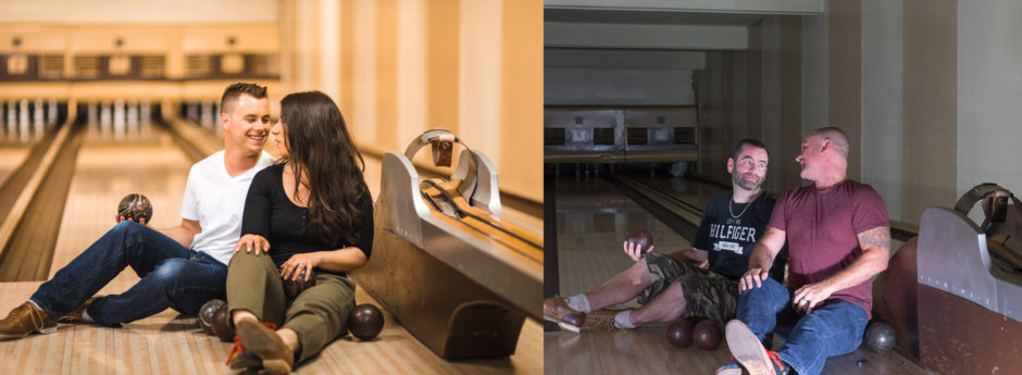 silly joke engagement photo shoot in an abandoned bowling alley