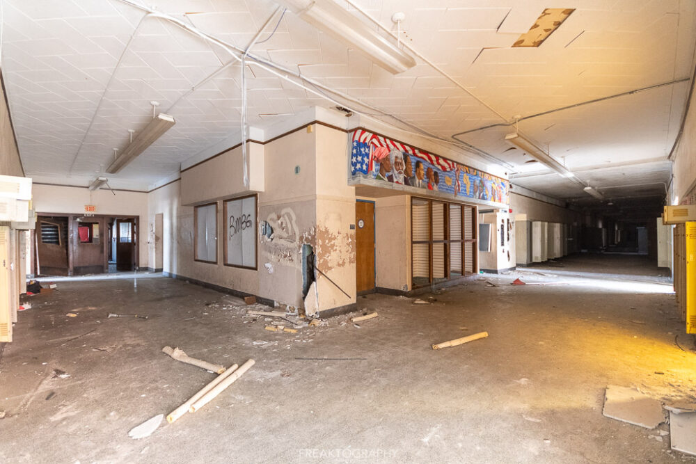 abandoned detroit cooley high school  double corridor