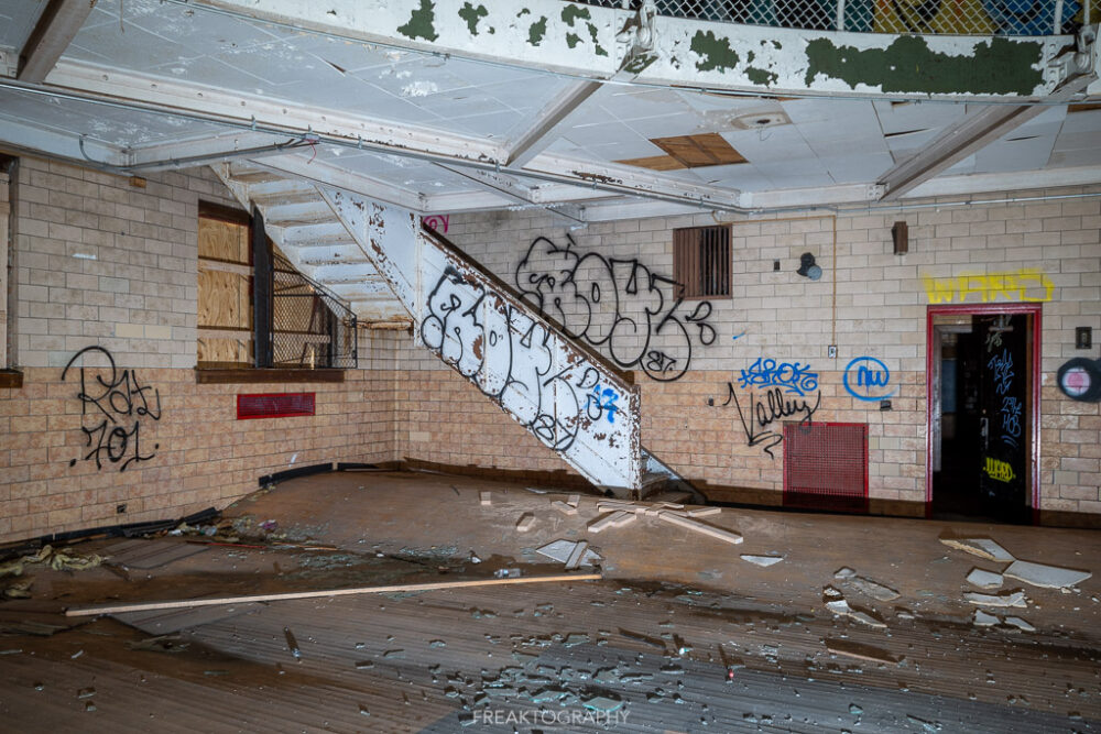 abandoned detroit cooley high school  gym stairs