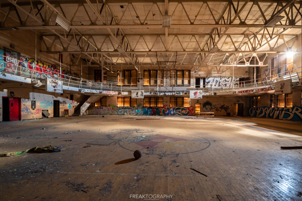 abandoned detroit cooley high school  gym wide