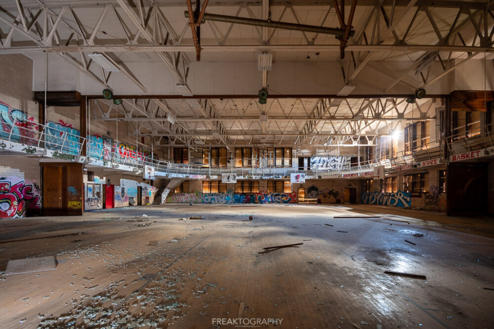 abandoned detroit cooley high school  gym wide angle