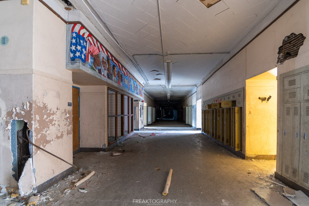abandoned detroit cooley high school  hallway