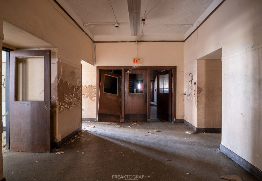 abandoned detroit cooley high school  hallway doors