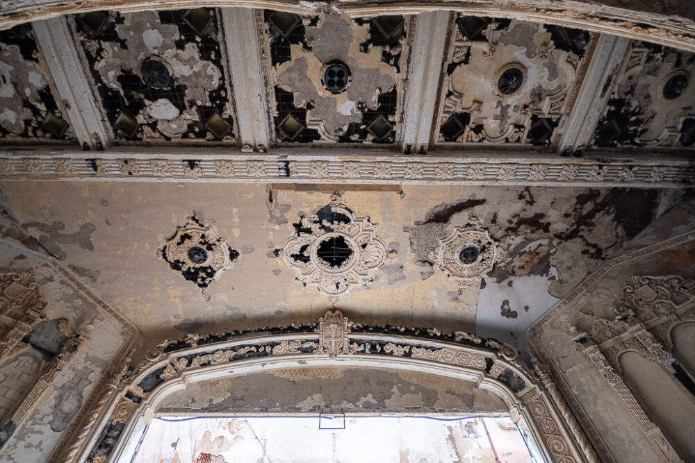 abandoned detroit cooley high school  theatre ceiling decay