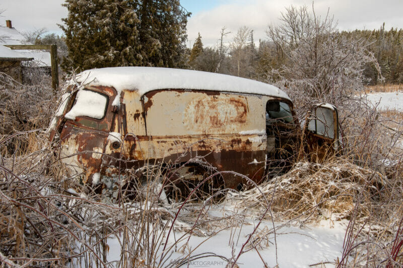 abandoned house old trucks wedding dress