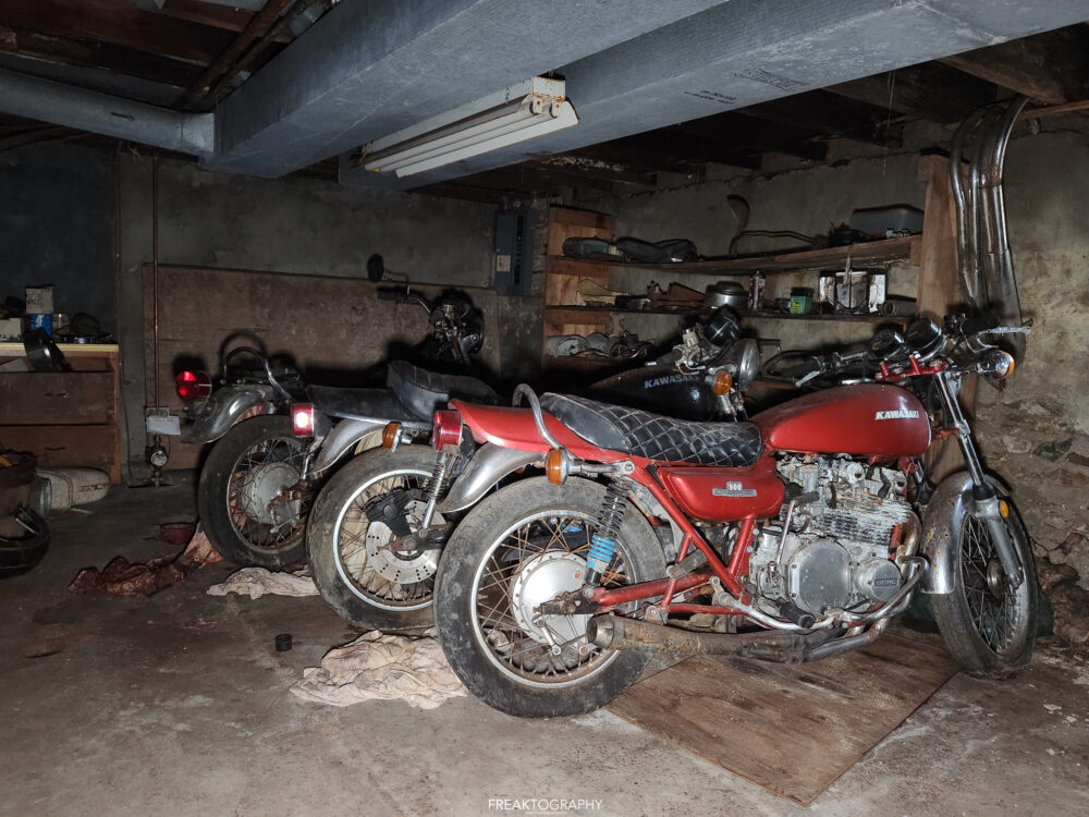 abandoned bikers house with motorcycles