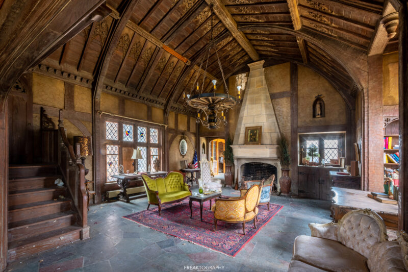 abandoned tudor mansion living room