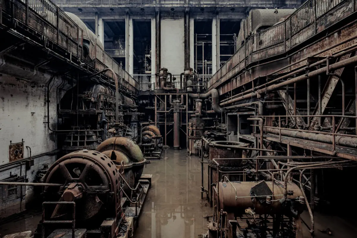 Abandoned Power Plant Turbine Hall Flooded with Decay