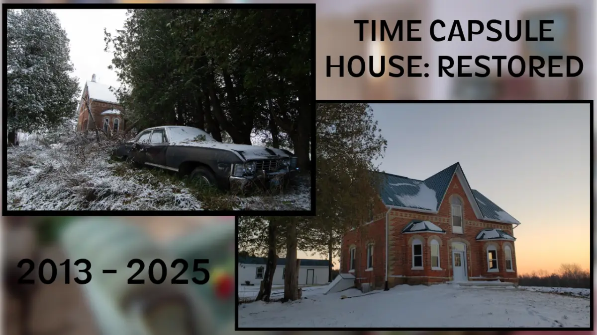 Side-by-side comparison of a rural Canadian house in 2013, abandoned and decaying, versus its fully restored state in 2025 with fresh paint, repaired structure, and signs of life.