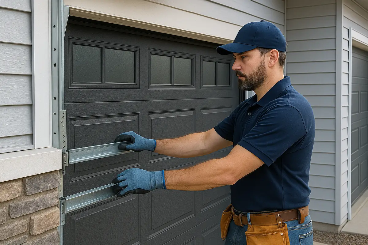 Before and after garage door replacement showing improved curb appeal in Calgary
