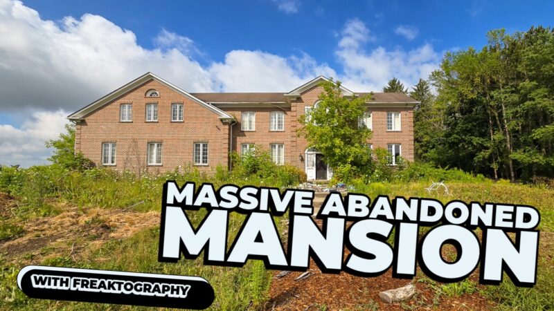Interior and exterior views of a massive abandoned mansion photographed before demolition, showing decayed architecture, peeling paint, and forgotten furniture.