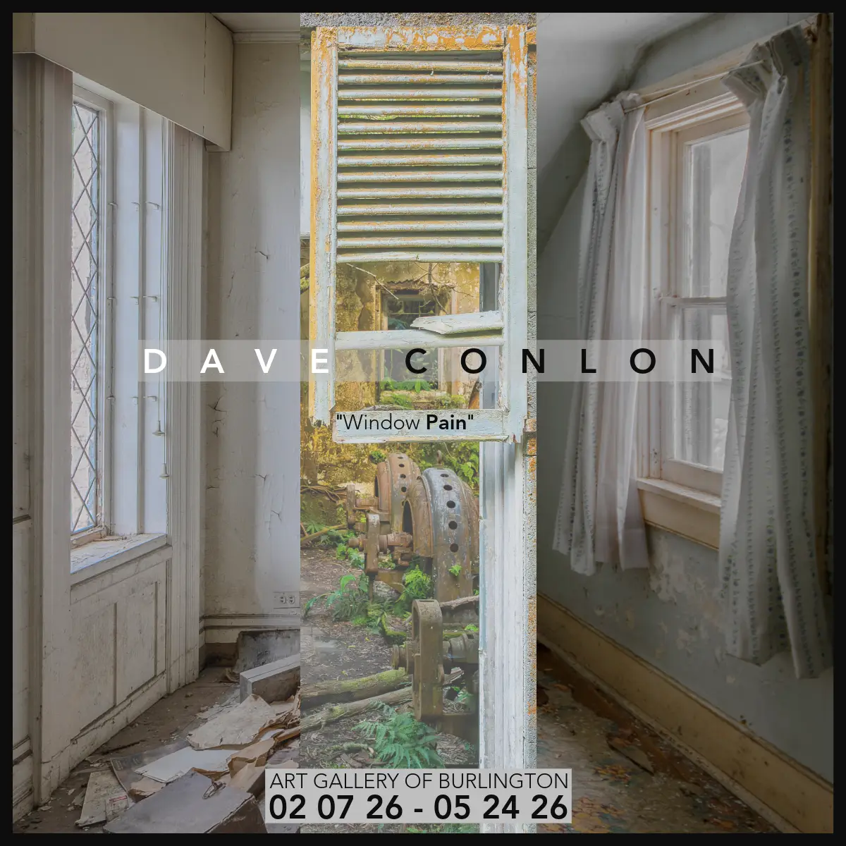 This exhibition, titled Window Pain, is built around a simple but deliberate idea. Photographs of abandoned spaces are presented inside reclaimed wooden window frames, turning the act of viewing into something physical. Instead of framed prints on a wall, each piece functions as a constructed object, something you look through rather than simply look at.