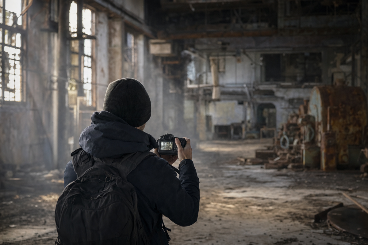 An urban explorer seen from behind in a vast abandoned industrial hall, reviewing a photo on a DSLR camera's rear screen in shafts of window light.