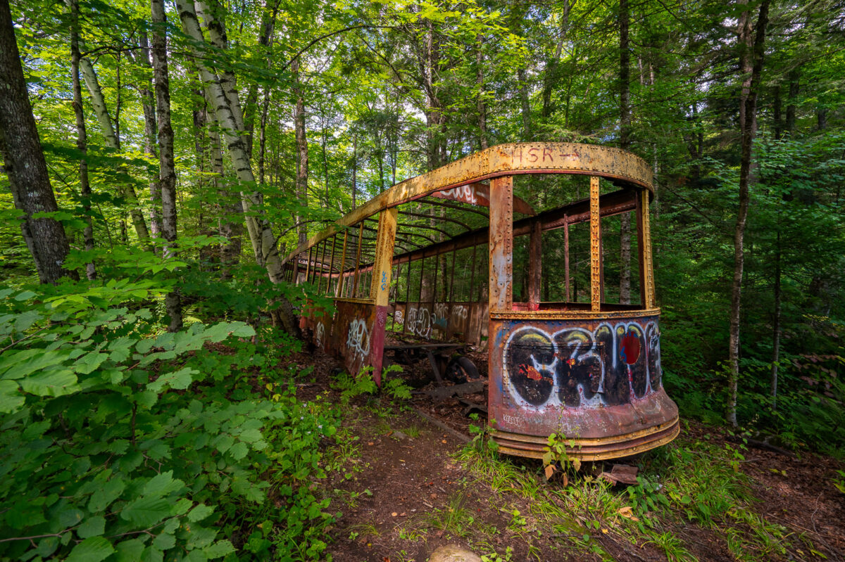 Rusted shell of an old Toronto TTC streetcar abandoned in a forest in Haliburton, Ontario, with trees growing around it.