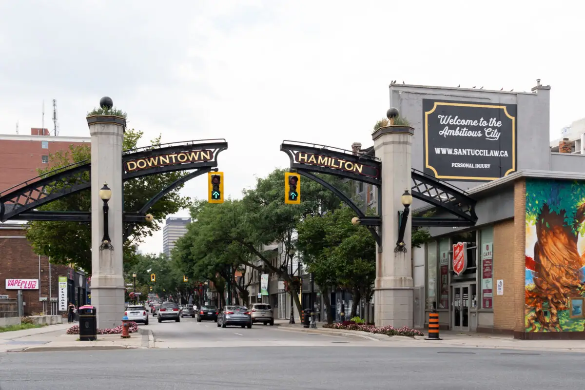 Downtown Hamilton Ontario street scene with the iconic downtown Hamilton arch, an urban location for portrait photography